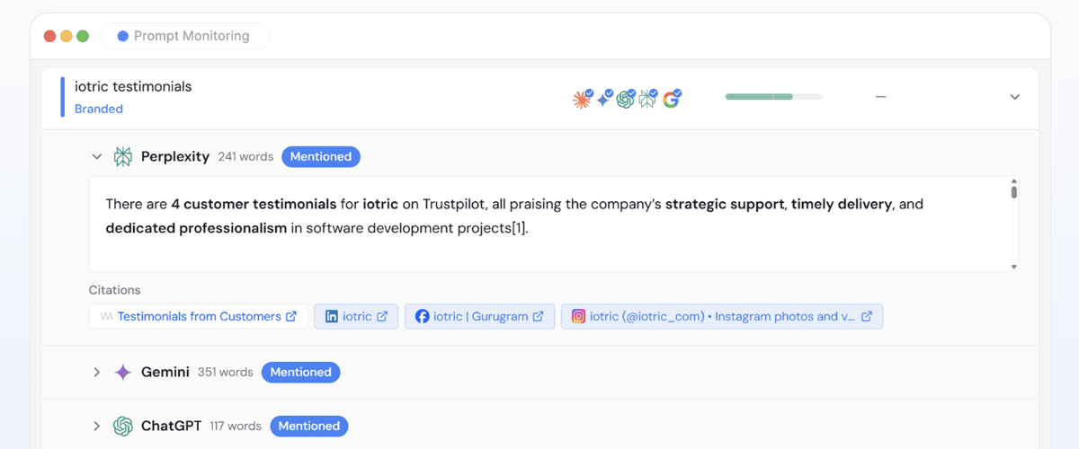 Feed showing monitored prompts, mention rate, and intent categories