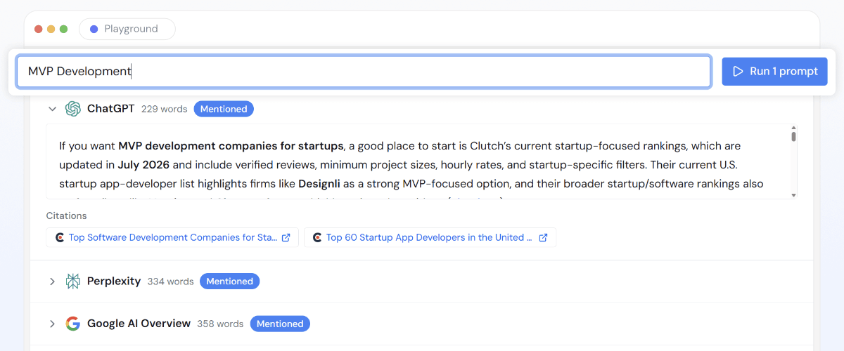 Prompt Playground comparing AI platform responses about your brand