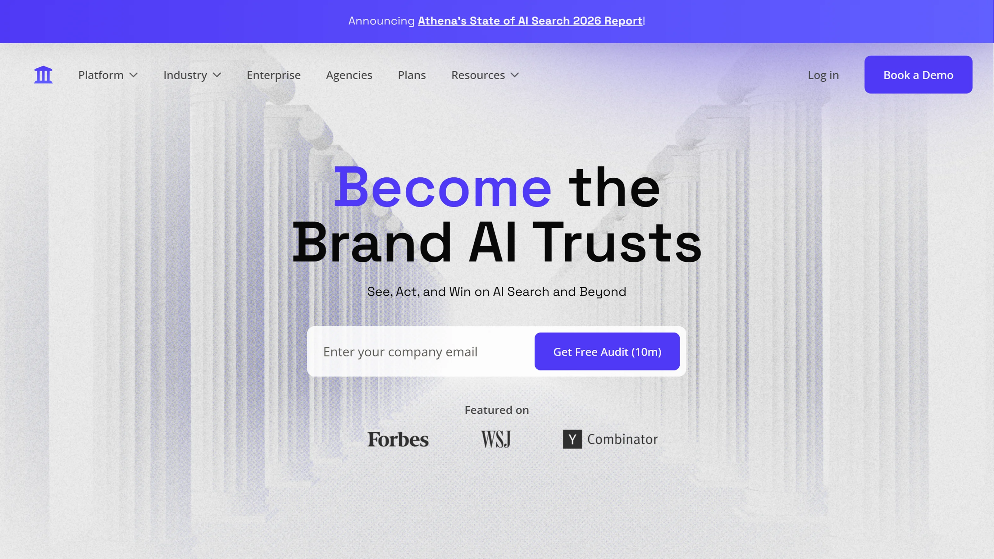 AthenaHQ homepage with the tagline Become the Brand AI Trusts and a company-email form for a free AI search audit