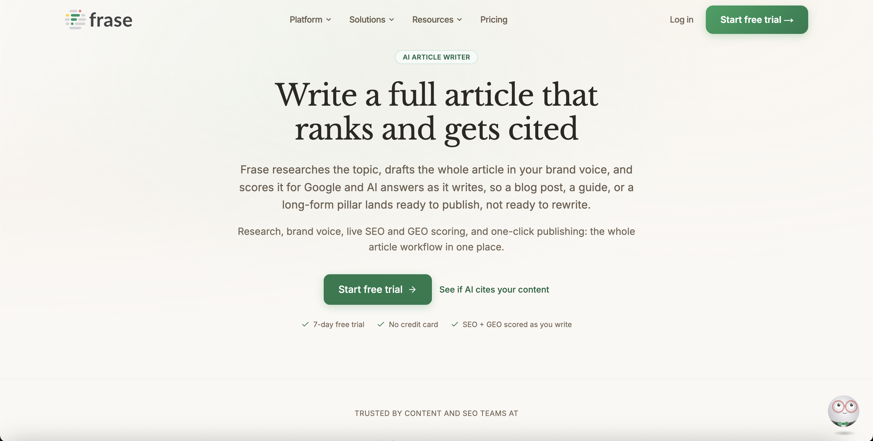 Frase AI writer with combined SEO and GEO scoring