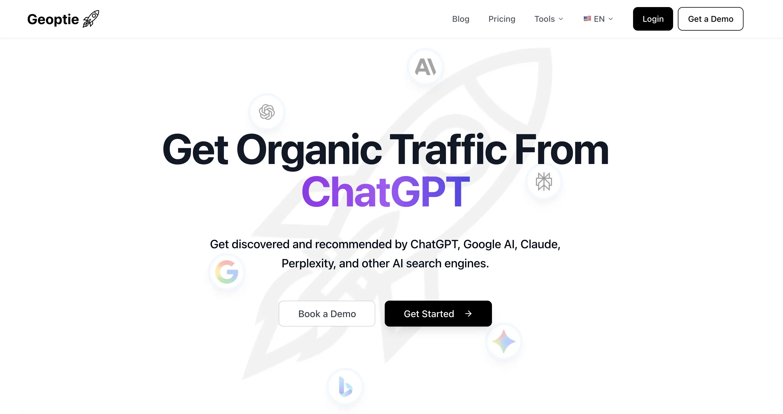 Geoptie homepage showing AI search visibility tracking across ChatGPT, Google AI, Claude, and Perplexity