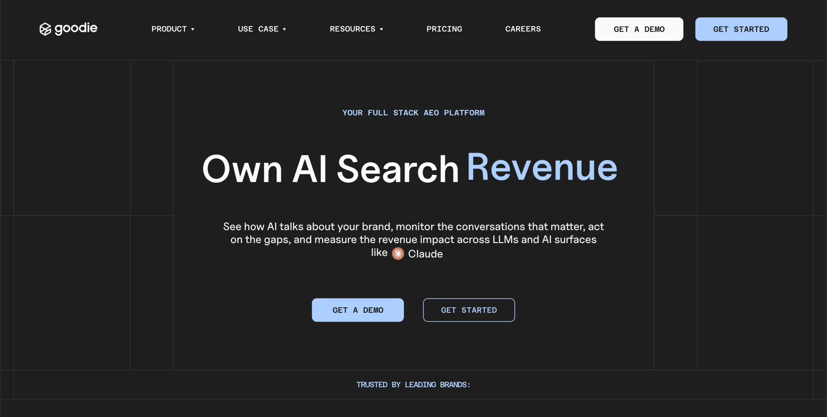 Goodie AI homepage showing its full-stack AEO platform with AI visibility tracking and optimization hub