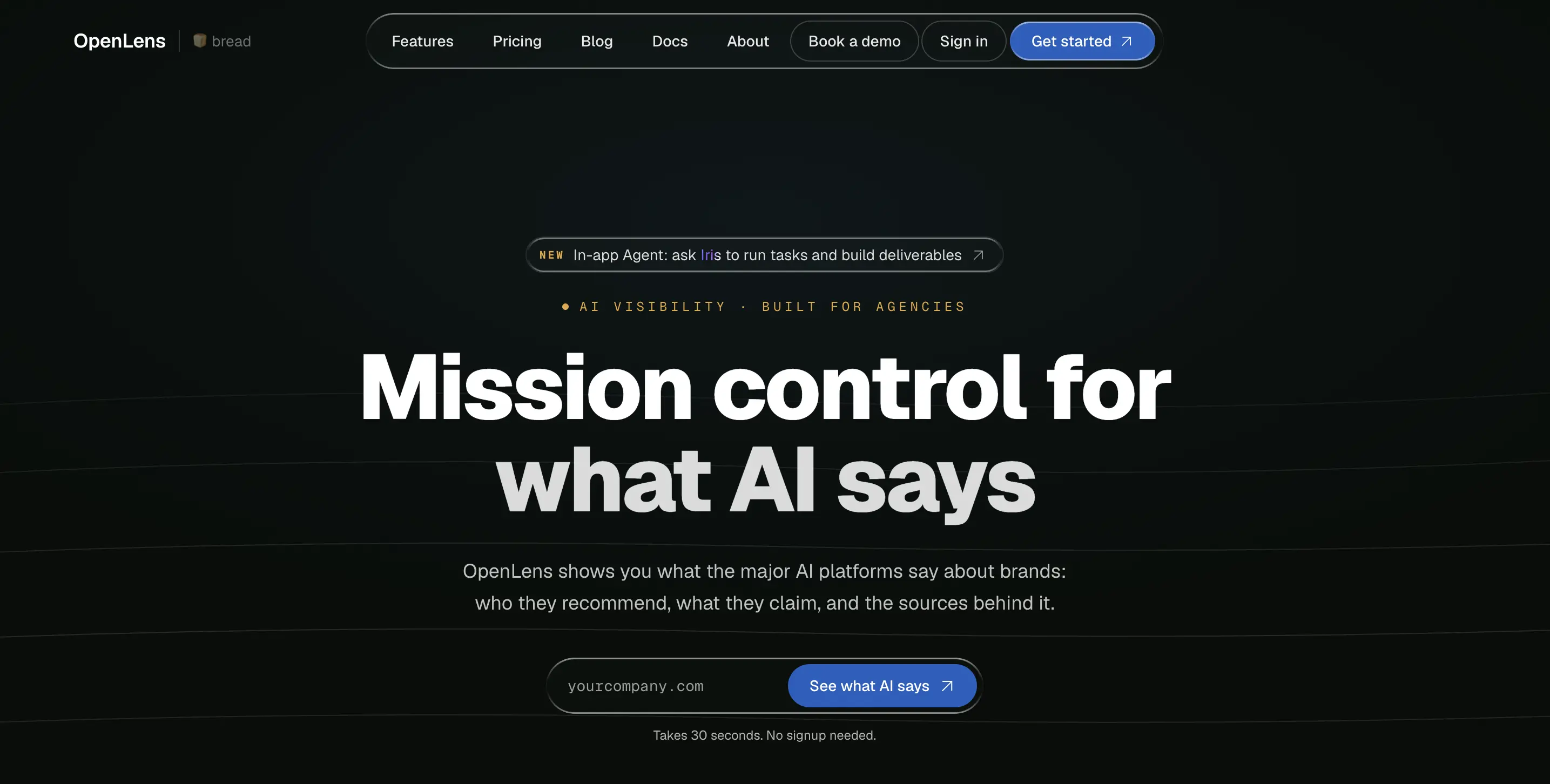 OpenLens homepage showing the headline "Mission control for what AI says" and the AI platforms it gives visibility on