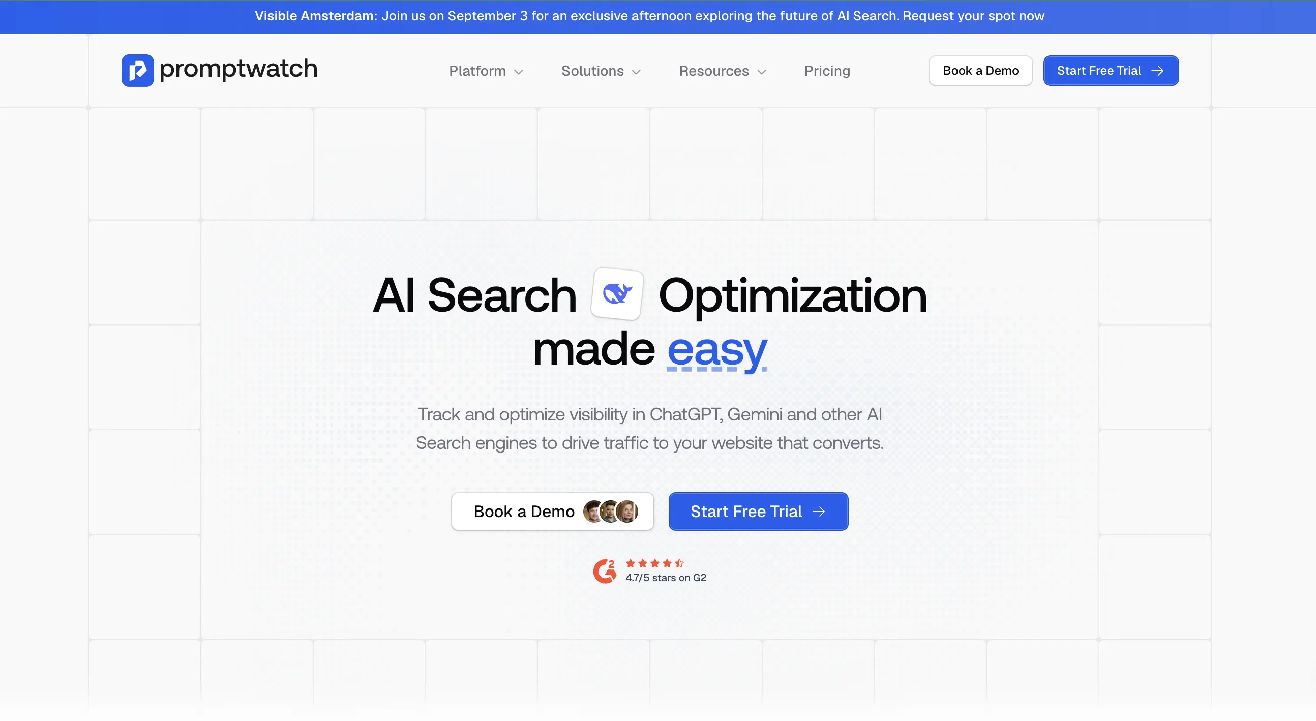 Promptwatch homepage showing AI search visibility tracking across ChatGPT, Gemini, and other AI engines