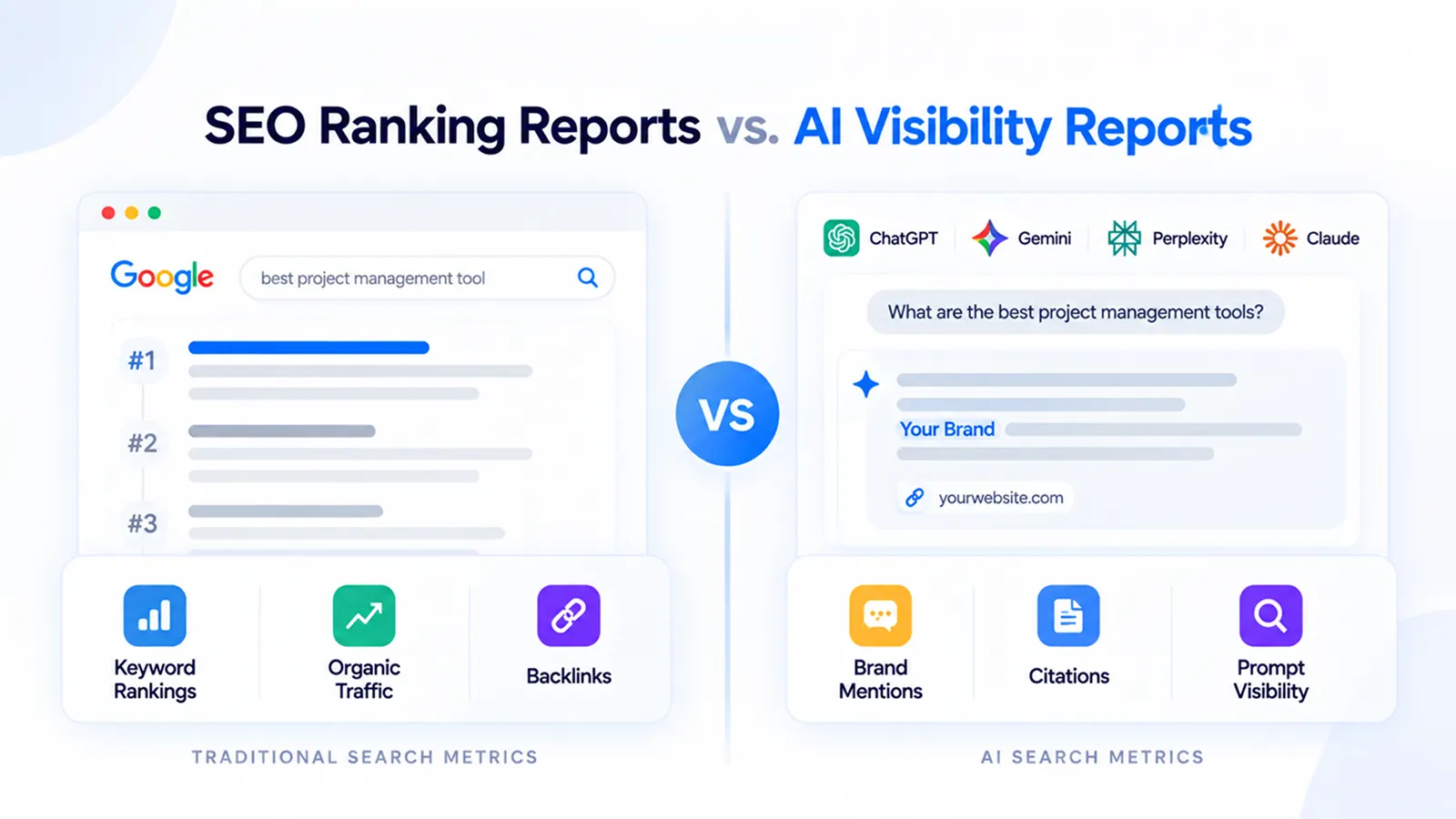 SEO ranking reports vs. AI visibility reports: keyword rankings, organic traffic, and backlinks from a Google results page, compared with brand mentions, citations, and prompt visibility across ChatGPT, Gemini, Perplexity, and Claude