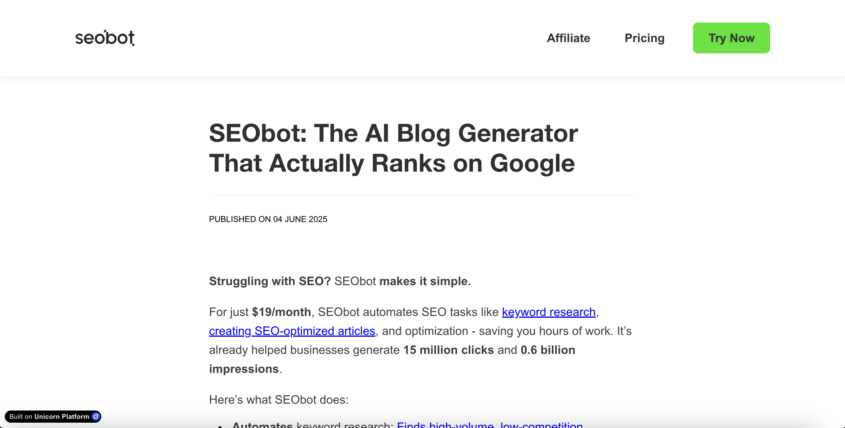 SEObot autonomous AI writer publishing articles to a website